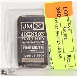 J.M. 1 TROY OZ .999 SILVER BAR