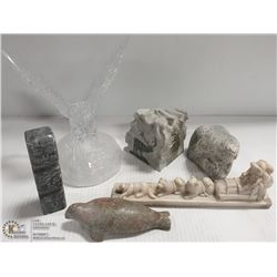 LOT OF 5 SOAPSTONE FIGURES AND GLASS EAGLE