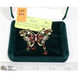 RHINESTONE BUTTERFLY BROOCH WITH DANGLING STONES