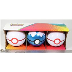 LOT OF 3 POKEBALLS WITH CARDS, DICE ETC.