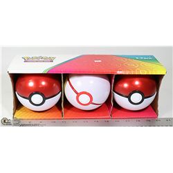 LOT OF 3 POKEBALLS WITH CARDS, DICE ETC.