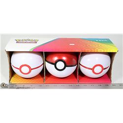 LOT OF 3 POKEBALLS WITH CARDS, DICE ETC.