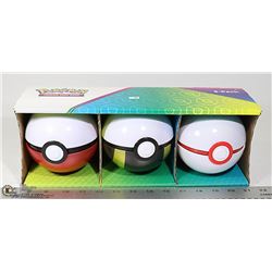 LOT OF 3 POKEBALLS WITH CARDS, DICE ETC.
