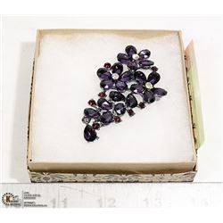 DARK PURPLE RHINESTONE FLORAL BOUQUET BROOCH