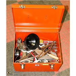 TOOL BOX- METAL- "FLAHERTY" BRAND WITH TOOLS