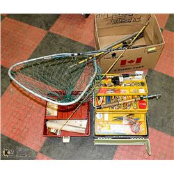 VINTAGE FISHING EQUIPMENT- 4 RODS, 2 TACKLE BOXES