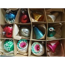 VINTAGE X-MAS DECORATIONS BOX OF 12  W/GLASS BELLS