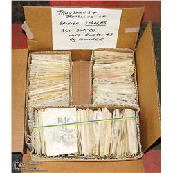 BOX WITH THOUSANDS OF BRITISH STAMPS, SORTED INTO