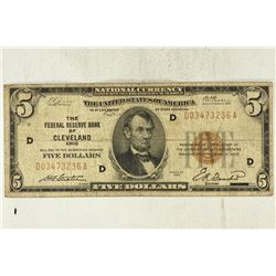 1929 $5 NATIONAL CURRENCY CLEVELAND BROWN SEAL