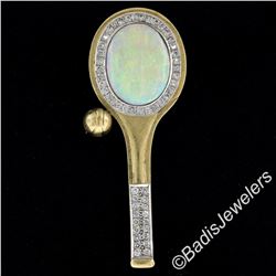 Vintage 18kt Yellow and White Gold Oval Opal and Diamond Tennis Racket Brooch or