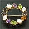 14k Yellow Gold 5.18 ctw Wreath Brooch w/ Amethyst Garnet Moonstone Peridot Opal