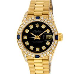 Rolex Ladies 18K Yellow Gold Black Diamond And Sapphire President Wristwatch Wit