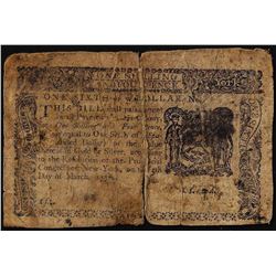 1776 $1/6 New York Colonial Currency Note