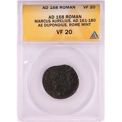 168 AD Ancient Roman Marcus Aurelius Dupondius Rome Mint Coin ANACS VF20