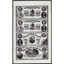Uncut Sheet of $1/$1/$2/$3 1800's Citizens Bank of Louisiana Obsolete Notes