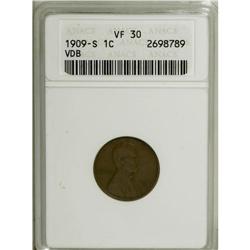 1909-S VDB 1C VF30 ANACS. This medium-brown piece offe 
