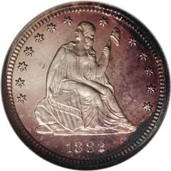 1882 25C PR67 Cameo NGC. Rich lilac and wheat-gold gra 