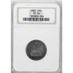1883 25C PR64 NGC. Rich cherry-red, sky-blue, and gold 