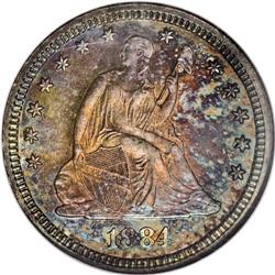 1884 25C PR66 NGC. Dramatic orange, ruby, sea-green, a 