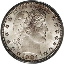 1901-O 25C MS65 PCGS. Rich olive and lilac shadings en 