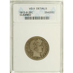 1913-S 25C --Cleaned--ANACS. VG8 Details. This low mint 