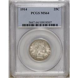 1914 25C MS64 PCGS. Lustrous surfaces are visited by s 