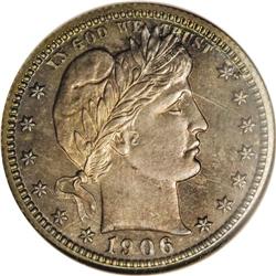 1906 25C PR67 NGC. Ocean-blue rims and pinkish-gold an 