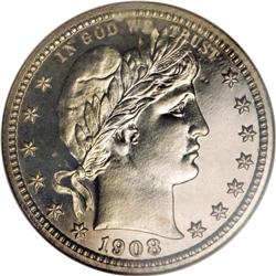 1908 25C PR67 NGC. Only the slightest cast of gold is 