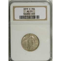 1919-S 25C AU55 NGC. Boldly struck with mostly medium- 