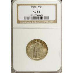 1921 25C AU53 NGC. Well struck with auburn, maroon, cr 