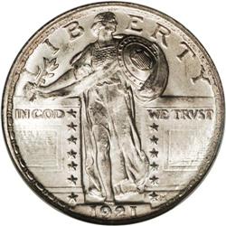 1921 25C MS65 NGC. Apricot-gray and powder-blue toning 