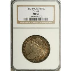 1813 50C 50C Over UNI AU58 NGC. O-101, R.2. Dusky gold 