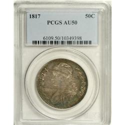 1817 50C AU50 PCGS. O-111, R.1. Rainbow-like toning gr 