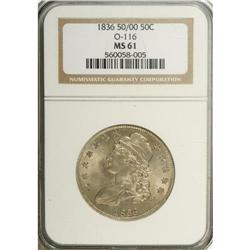 1836 50C 50 Over 00 MS61 NGC. O-116, R.2. Gentle apric 