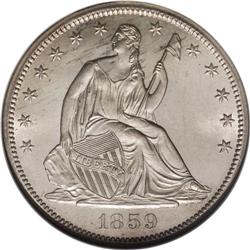 1859-S 50C MS64 NGC. Lustrous surfaces reveal fairly s 