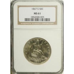 1867-S 50C MS61 NGC. A lustrous light gold example of 