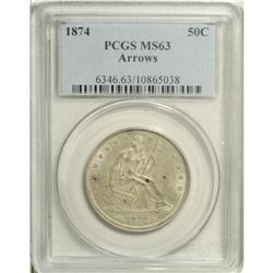 1874 50C Arrows MS63 PCGS. Russet-gold patina graces t 