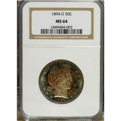 1894-O 50C MS64 NGC. Splotches of cobalt-blue, lavende 
