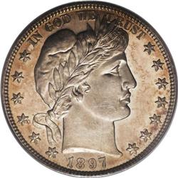 1897 50C PR65 Cameo PCGS. The golden-bronze patina tha 