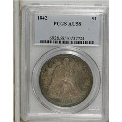 1842 S$1 AU58 PCGS. Solidly struck with deep reddish-v 