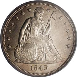 1849 S$1 MS64 PCGS. An elusive issue in Mint State, he 