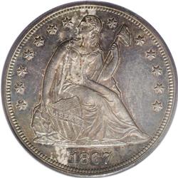 1867 S$1 MS62 PCGS. The surfaces are deep cobalt-blue, 