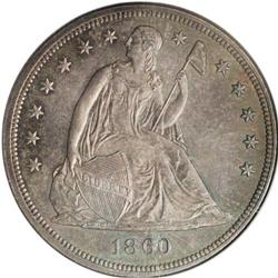 1860 S$1 PR64 NGC. The surfaces appear dark-gray, but 