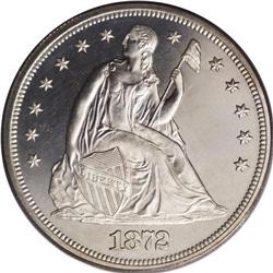 1872 S$1 PR64 Cameo PCGS. Thick mint frost covers the 