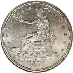 1874-CC T$1 MS62 NGC. Silver-steel fields contrast nic 