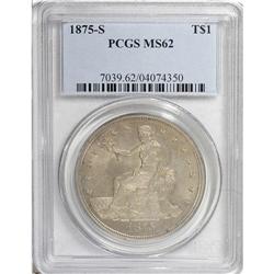 1875-S T$1 MS62 PCGS. A strongly lustrous example that 