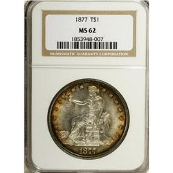 1877 T$1 MS62 NGC. Reddish-orange and violet-blue pati 