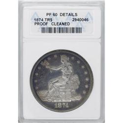 1874 T$1 --Cleaned--ANACS. PR60 Details. Plum and ice-b 