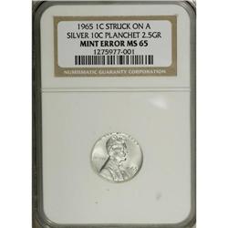1965 1C Lincoln Cent--Struck on a Silver Dime Planchet 