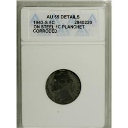 1943-S 5C Jefferson Nickel--On Steel Cent Planchet, Co 